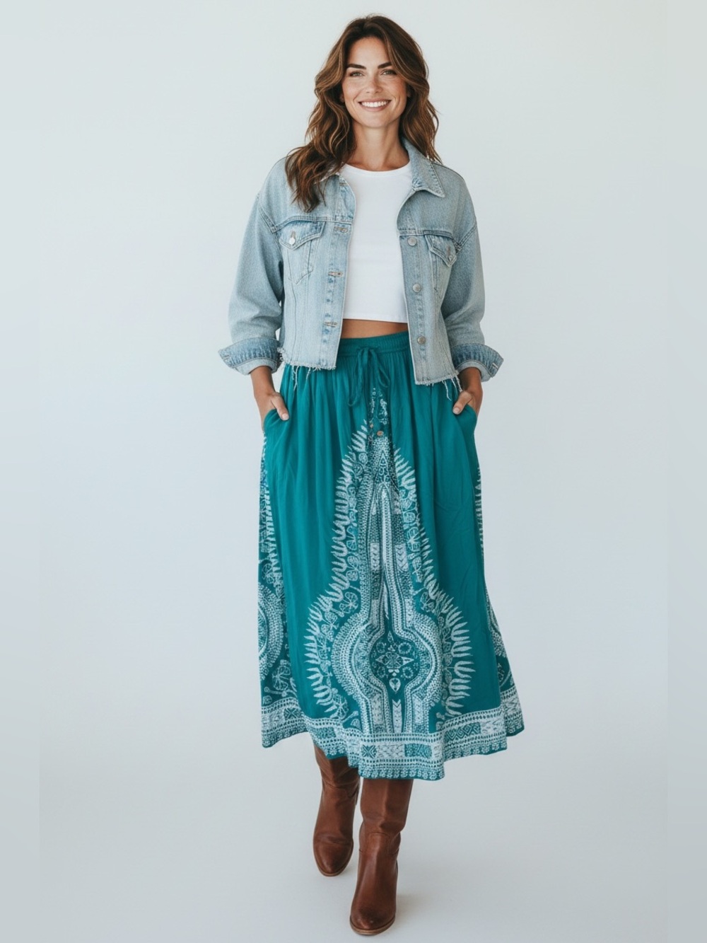 GYPSY BLU Teal Boho Print Pleated High Waist Midi Skirt Beaded Drawstring Flowy